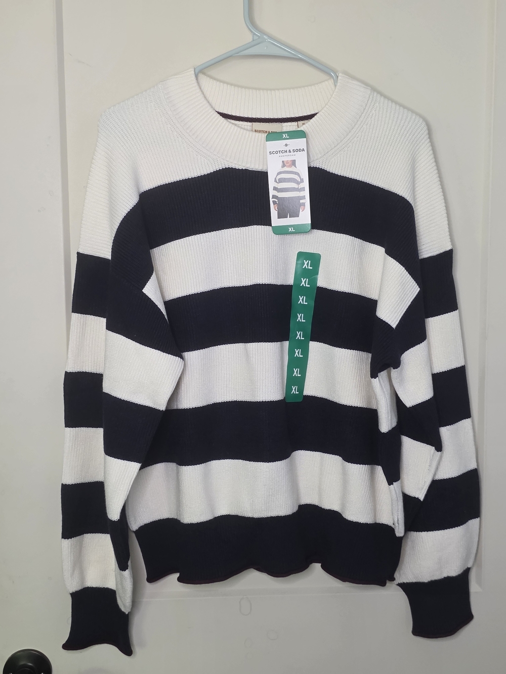 Scotch & Soda - Black and White Striped Crewneck Ribbed Sweater